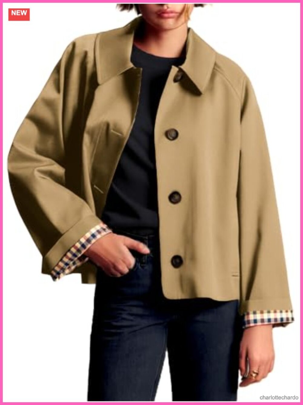 Oversize Crop Trench Coat Plaid Lining Button Pockets Women's Jacket